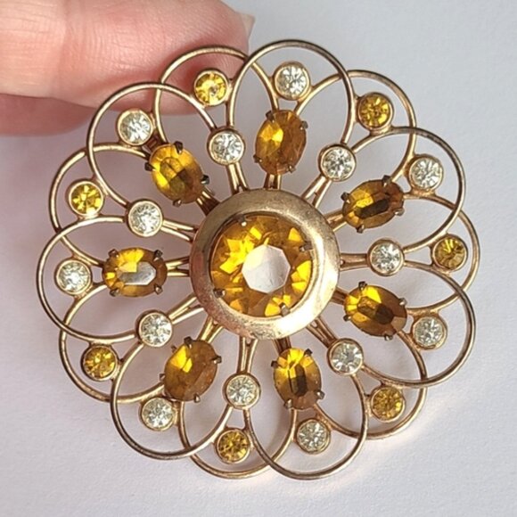 Vintage 60s Bond Boyd Sterling Silver Yellow Crystal Rhinestone Large Brooch - Picture 1 of 11